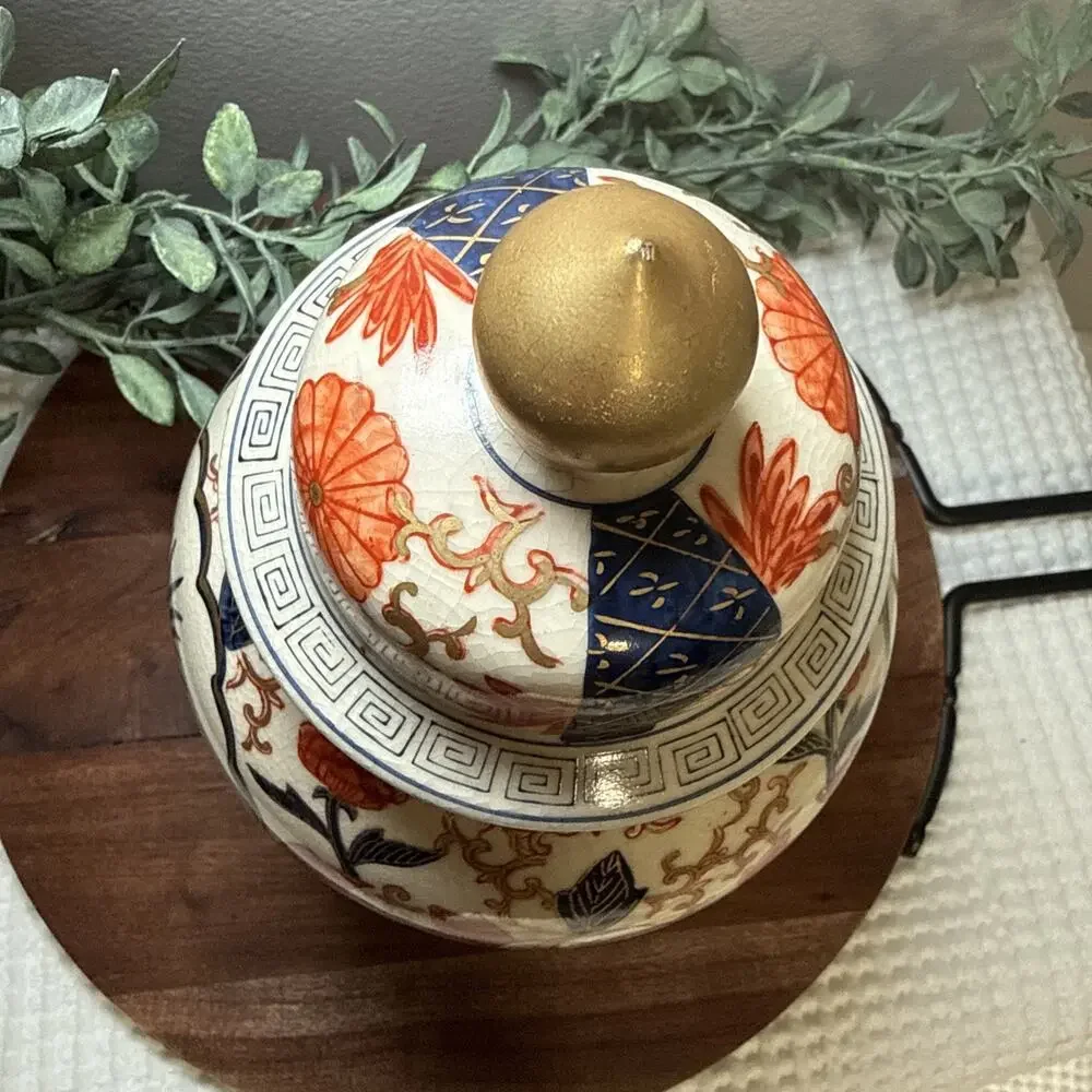 Vintage LJ Japan Imari Style Ginger Jar Lidded Vase Crackle Glaze Chinoiseri 11”